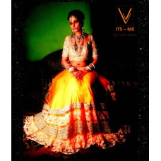 Peach net lehenga with 4 layered borders